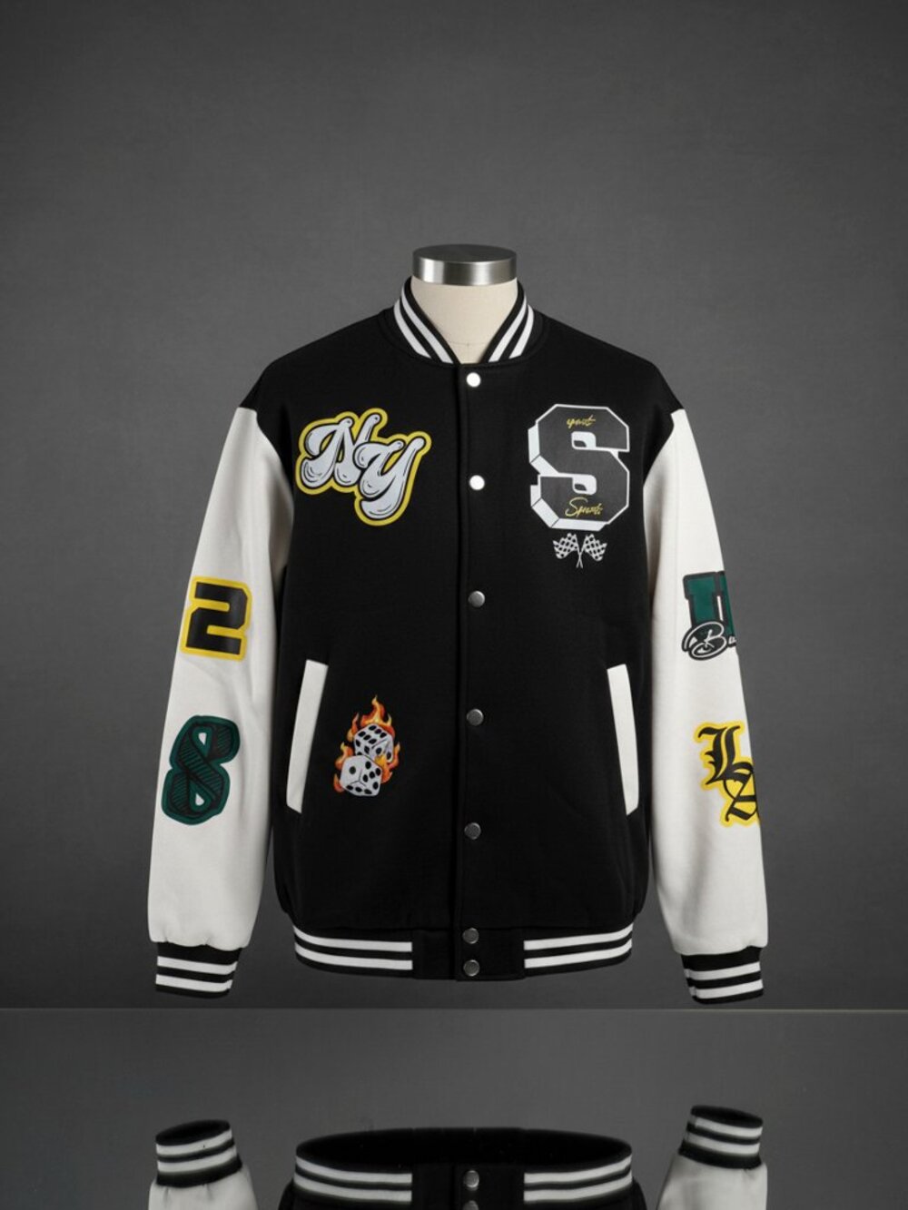 Trendy Black & White Varsity Bomber Jacket – Excellent Condition